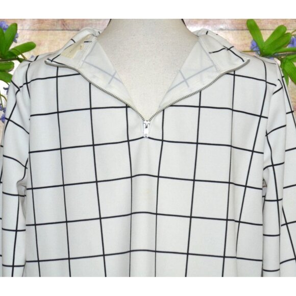 Melloday White 3/4 Sleeve High Neckline Blouse M Grid Window Pane Pattern Career - Picture 7 of 10